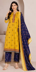 Mustard Yellow &amp; Navy Blue Printed 3-Piece Suit