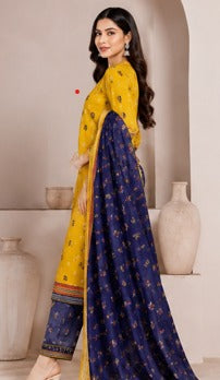 Mustard Yellow &amp; Navy Blue Printed 3-Piece Suit