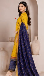 Mustard Yellow &amp; Navy Blue Printed 3-Piece Suit