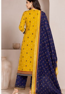 Mustard Yellow &amp; Navy Blue Printed 3-Piece Suit