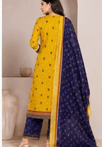 Mustard Yellow &amp; Navy Blue Printed 3-Piece Suit