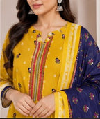Mustard Yellow &amp; Navy Blue Printed 3-Piece Suit