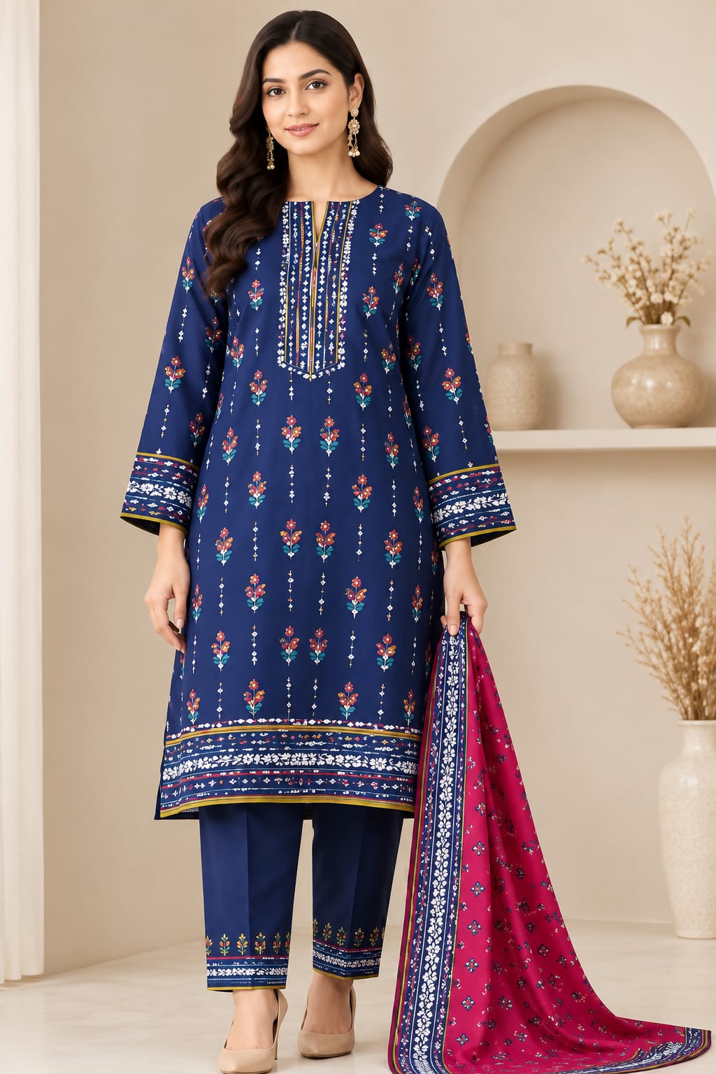 Navy Blue & Magenta Printed 3-Piece Suit Set