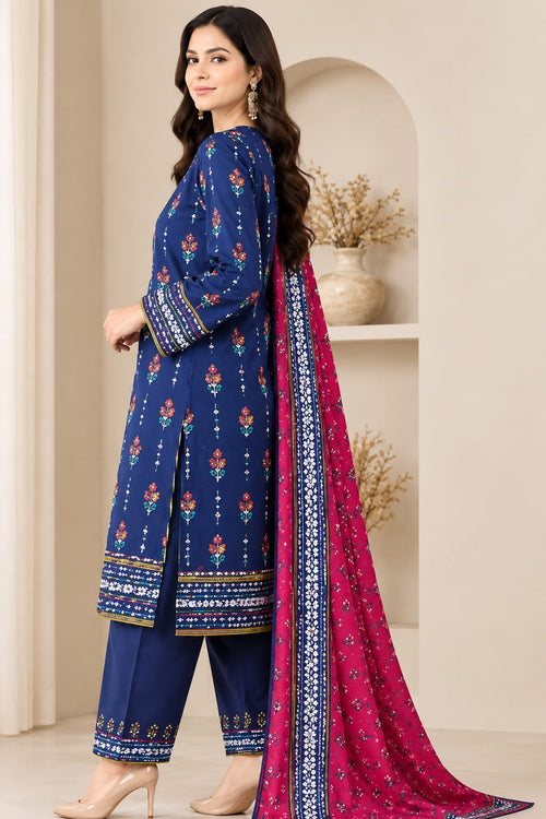 Navy Blue & Magenta Printed 3-Piece Suit Set