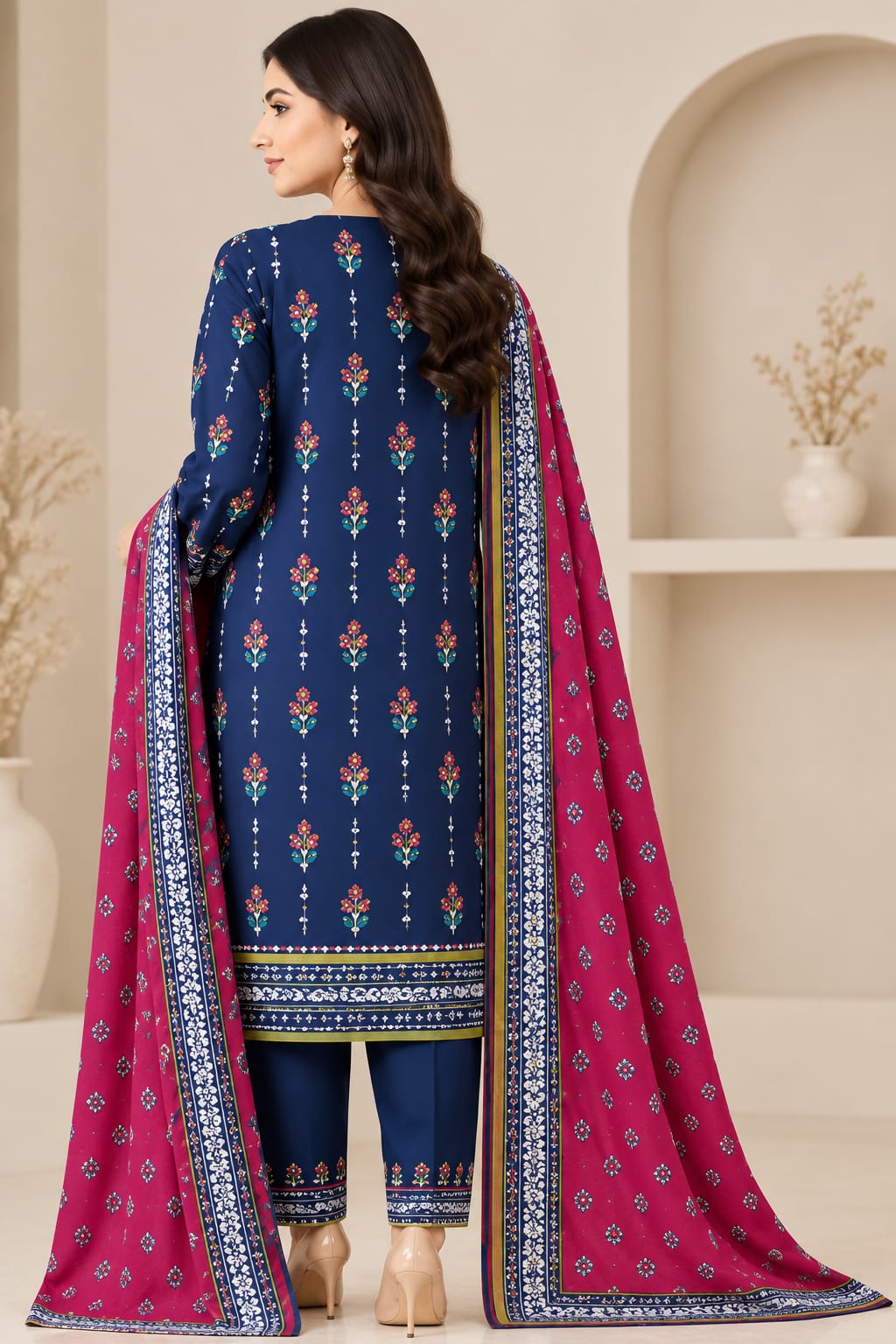 Navy Blue & Magenta Printed 3-Piece Suit Set