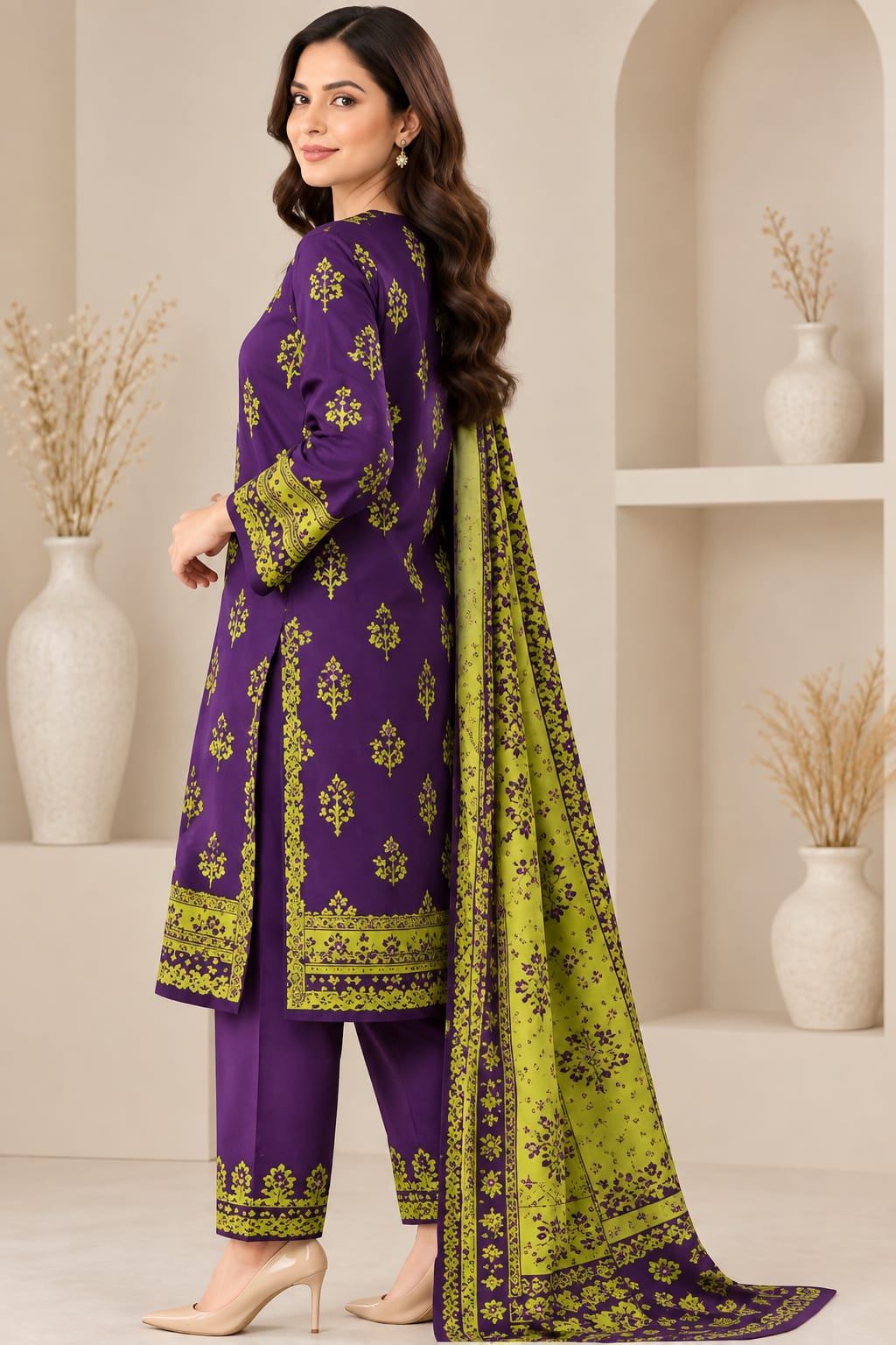 Purple & Lime Green Printed 3-Piece Suit Set