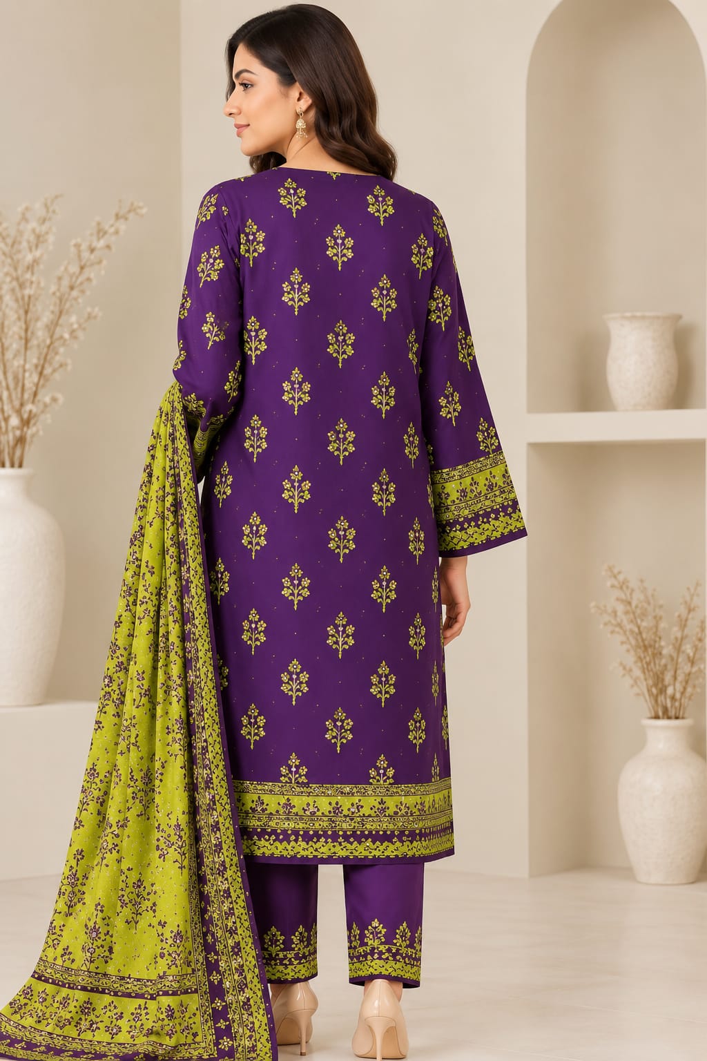 Purple & Lime Green Printed 3-Piece Suit Set
