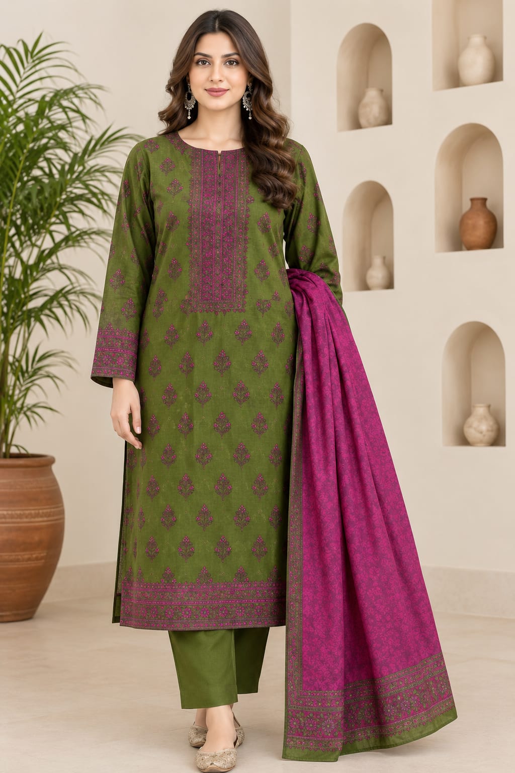 Olive Green Embroidered 3-Piece Suit