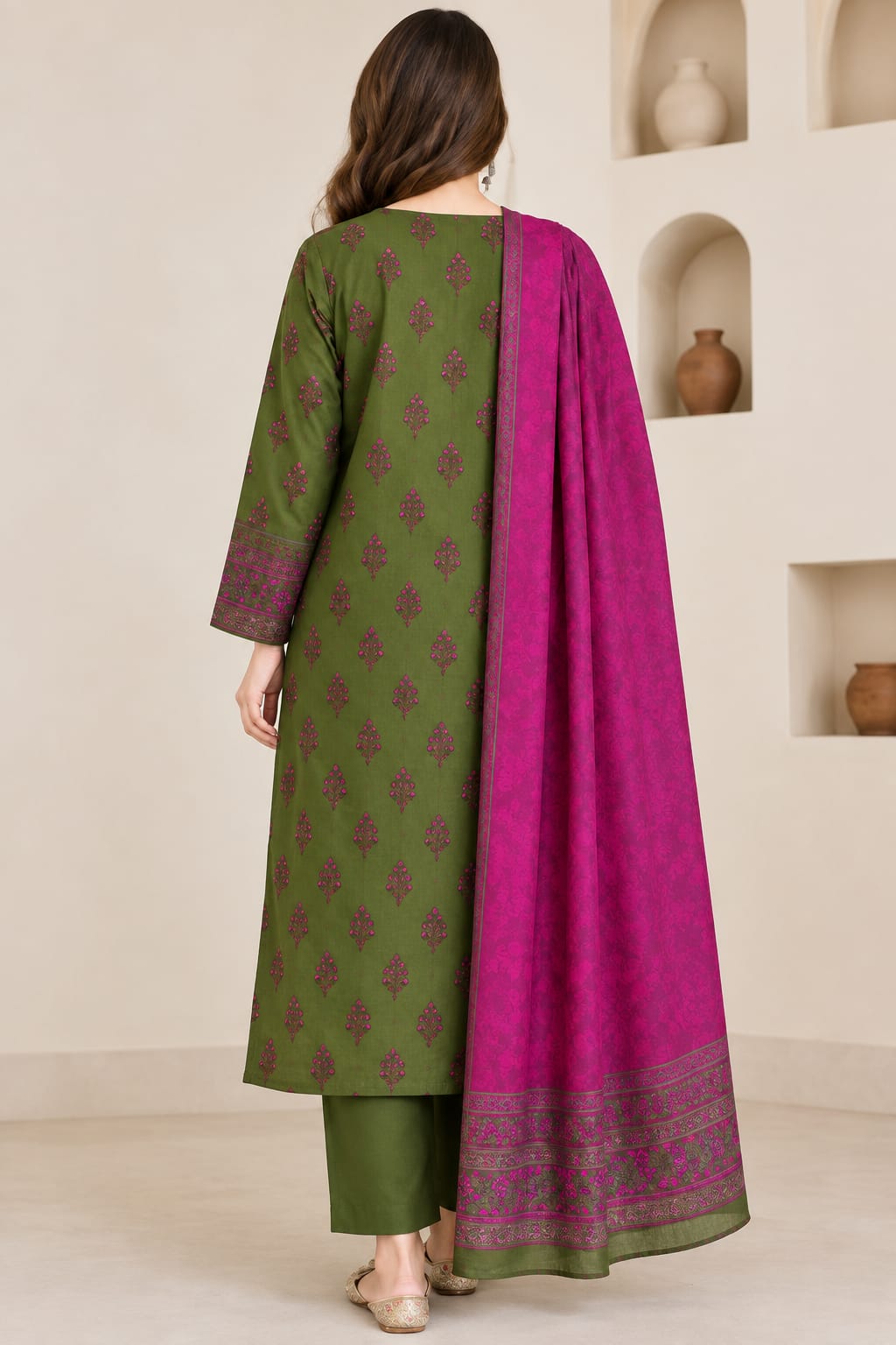 Olive Green Embroidered 3-Piece Suit