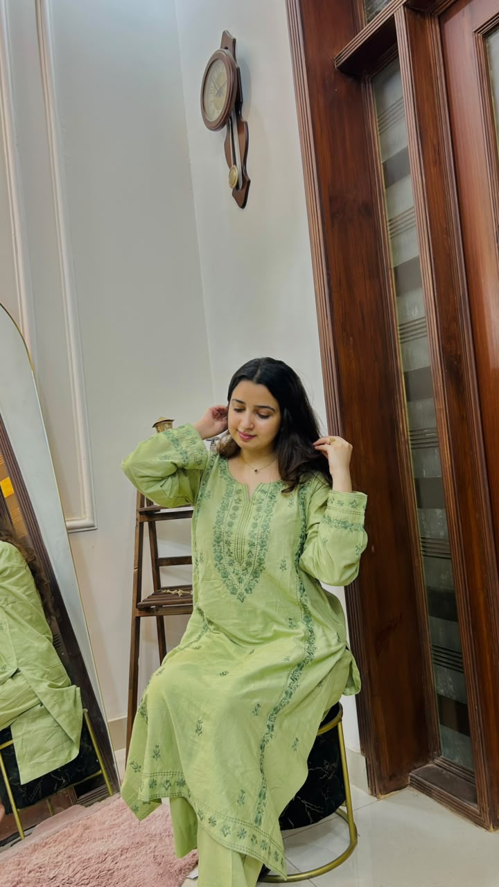 Zamara – Pistachio Green Embroidered Lawn Kurta for Women