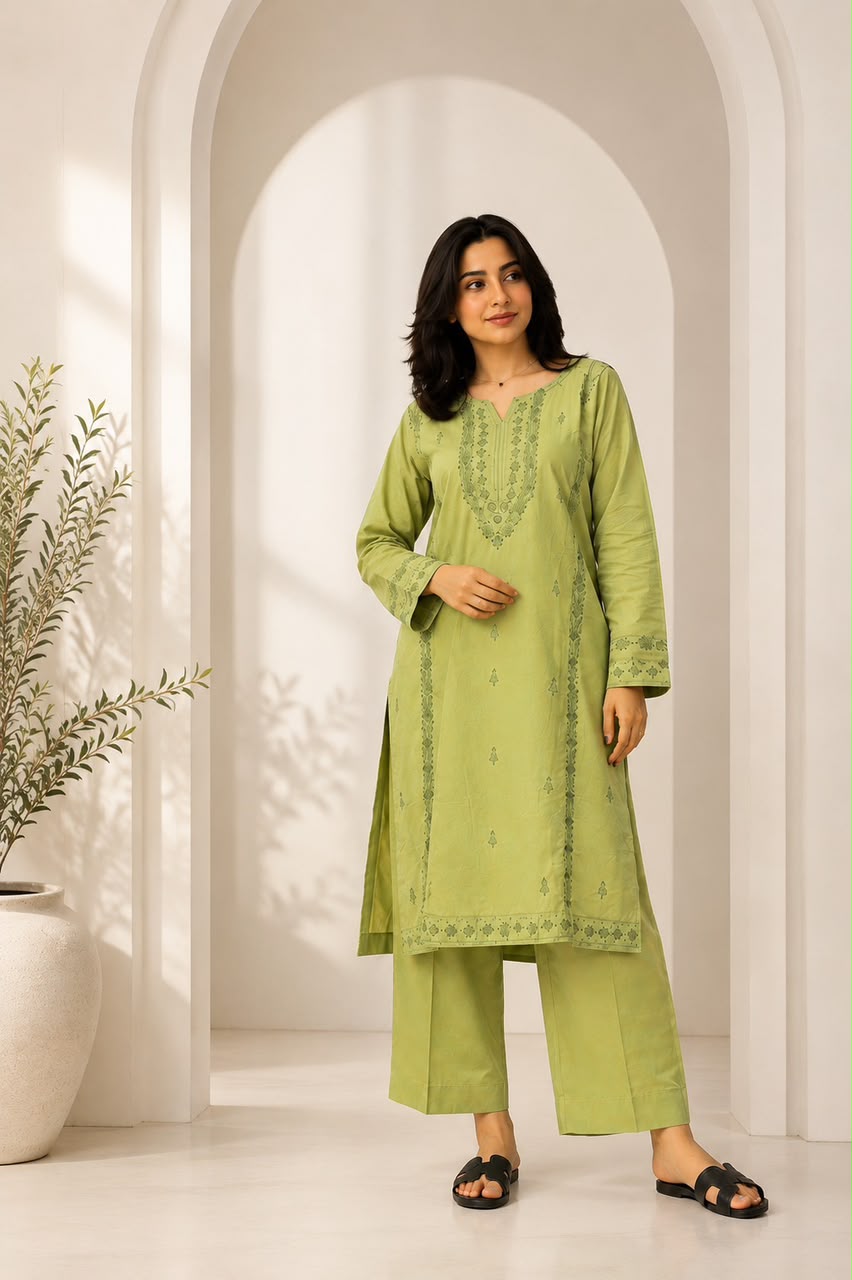 Zamara – Pistachio Green Embroidered Lawn Kurta for Women