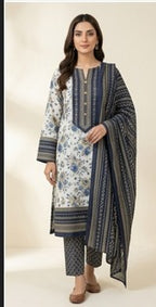 Navy Blue &amp; White Printed 3-Piece Suit