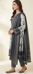 Navy Blue &amp; White Printed 3-Piece Suit